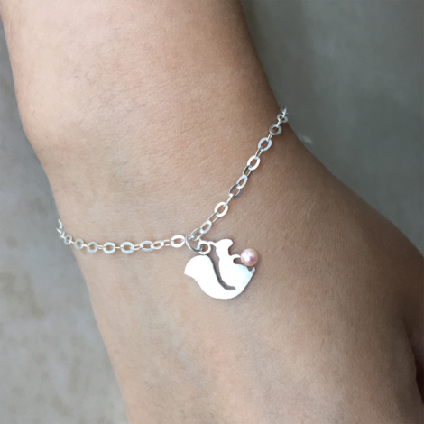 Akoya Pearl Squirrel Charm Silver Chain Bracelet