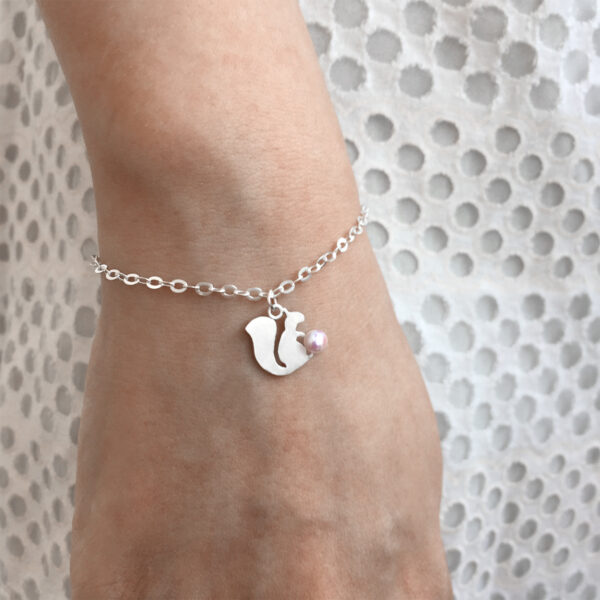 Akoya Pearl Squirrel Charm Silver Chain Bracelet